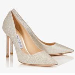 Jimmy Choo Romy 100 Dusty Glitter Pointy Toe Pumps Silver